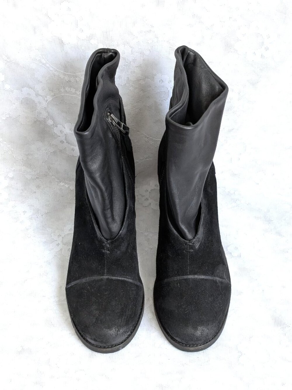 NEW TRASK Black Leather Suede Side Zip Block Heel Ankle Boots Women's Size 9 M